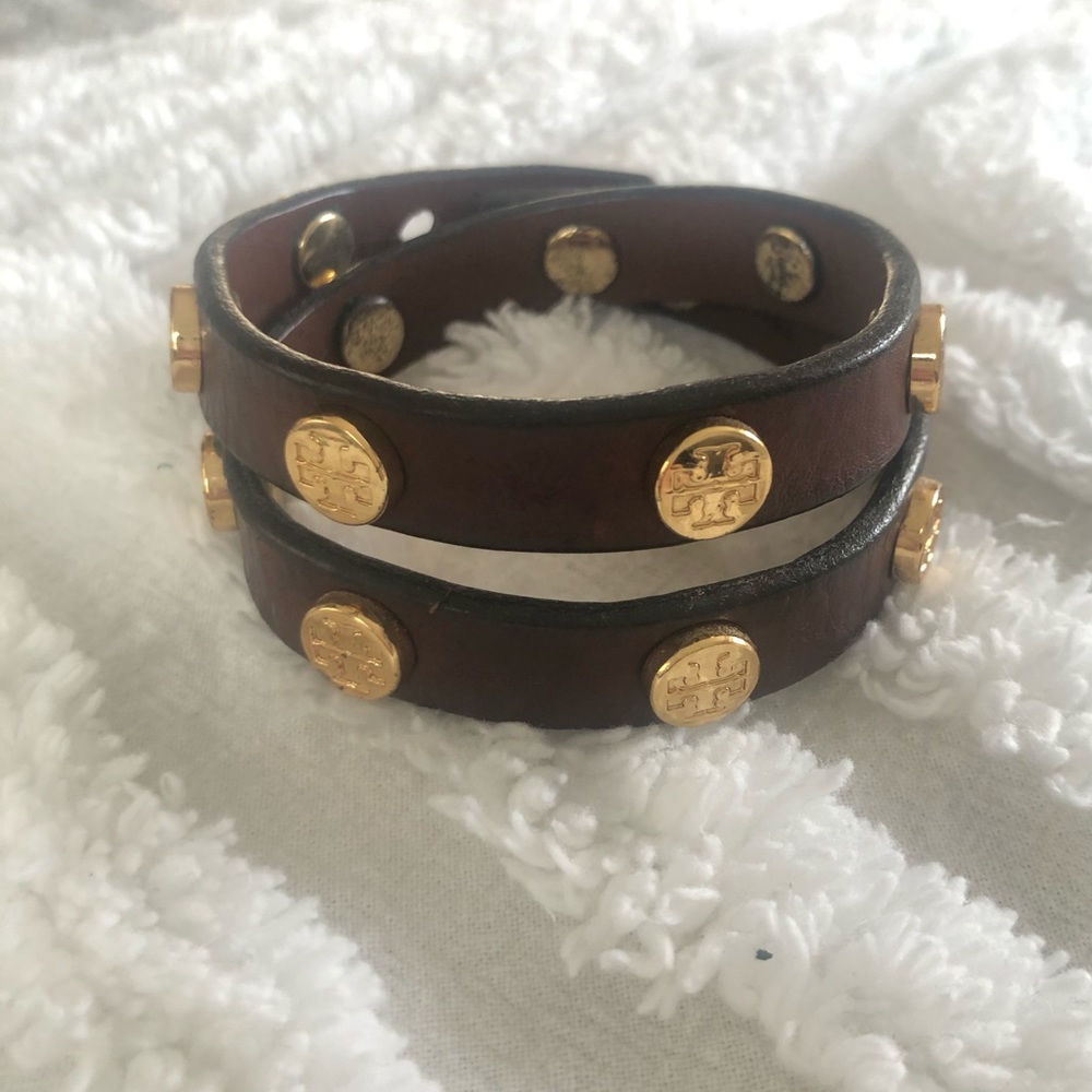 Tory Burch Leather Double Wrap Logo Stud Bracelet